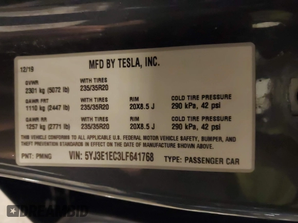 2020 Tesla Model 3 Performance z VIN 5YJ3E1EC3LF641768, wystawiony jako IAAI lot #41542615 z przebiegiem 43 343 mil mil oraz . Historia ofert i sprzedaży dostępna na DreamBid. Obrazek 9.