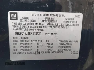 2008 GMC Yukon SLT 4SB with VIN 1GKFC13J18R118629, listed as a IAAI auction lot 41798020 with 215,760 mi miles and . Bid and sale history available at DreamBid. Image 9.
