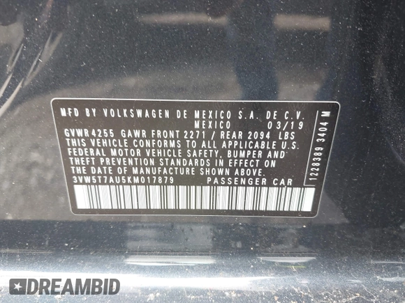 2019 Volkswagen GTI S с VIN 3VW5T7AU5KM017879, выставлен на аукционе IAAI как лот 42393203 с пробегом 52 133 миль миль и . История ставок и продаж доступна на DreamBid. Изображение 9.