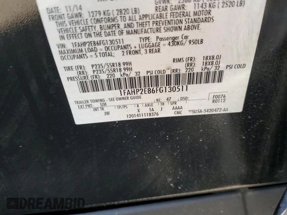 2015 Ford Taurus SEL with VIN 1FAHP2E86FG130511, listed as a Copart auction lot 60545805 with 99,215 mi miles and Salvage title. Bid and sale history available at DreamBid. Image 12.