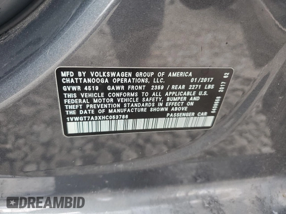 2017 Volkswagen Passat SE z VIN 1VWGT7A3XHC053786, wystawiony jako Copart lot #55421435 z przebiegiem 90 878 mil mil oraz Szkoda całkowita • Salvage title. Historia ofert i sprzedaży dostępna na DreamBid. Obrazek 12.