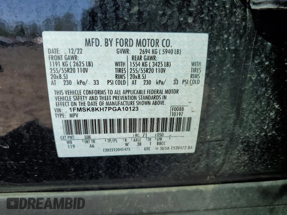2023 Ford Explorer ST-Line with VIN 1FMSK8KH7PGA10123, listed as a Copart auction lot 45422205 with 29,136 mi miles and Salvage title. Bid and sale history available at DreamBid. Image 13.