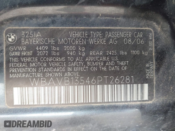 2006 BMW 3 Series 325i с VIN WBAVB13546PT26281, выставлен на аукционе IAAI как лот 42443724 с пробегом 55 310 миль миль и . История ставок и продаж доступна на DreamBid. Изображение 9.