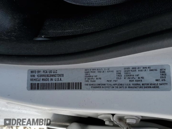 2022 Ram 1500 Big Horn z VIN 1C6RREBG8NN273970, wystawiony jako Copart lot #88903735 z przebiegiem Nie podano mil oraz Czysty tytuł • Clean title. Historia ofert i sprzedaży dostępna na DreamBid. Obrazek 12.