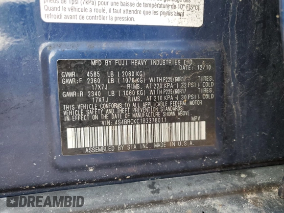 2011 Subaru Outback Limited Power Moon with VIN 4S4BRCKC1B3378011, listed as a Copart auction lot 61806825 with 187,650 mi miles and Clean title. Bid and sale history available at DreamBid. Image 12.
