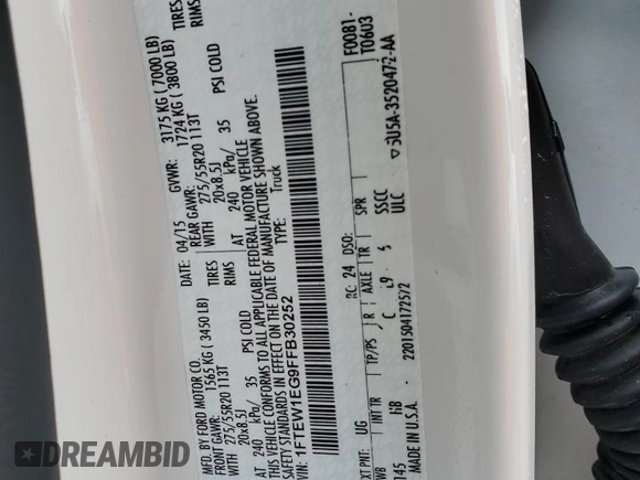 2015 Ford F-150 XLT with VIN 1FTEW1EG9FFB30252, listed as a Copart auction lot 46334915 with Not provided miles and Salvage title. Bid and sale history available at DreamBid. Image 12.