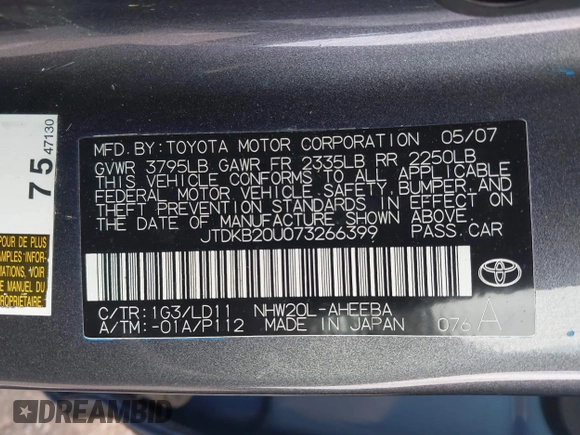 2007 Toyota Prius z VIN JTDKB20U073266399, wystawiony jako IAAI lot #41947176 z przebiegiem 186 258 mil mil oraz . Historia ofert i sprzedaży dostępna na DreamBid. Obrazek 9.