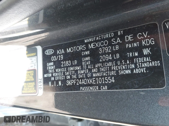 2019 Kia Forte LXS with VIN 3KPF24ADXKE101554, listed as a IAAI auction lot 41909367 with 74,224 mi miles and . Bid and sale history available at carsss.com. Image 9.