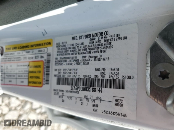 2019 Ford Fusion Hybrid SE with VIN 3FA6P0LU0KR188144, listed as a Copart auction lot 53237005 with 130,833 mi miles and Clean Title. Bid and sale history available at carsss.com. Image 12.