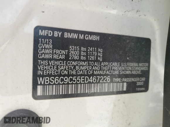 2014 BMW M6 with VIN WBS6C9C55ED467226, listed as a Copart auction lot 61779015 with Not provided miles and Salvage title. Bid and sale history available at DreamBid. Image 13.