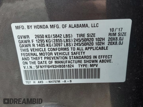 2017 Honda Pilot Touring with VIN 5FNYF6H93HB081824, listed as a Copart auction lot 49156465 with 54,227 mi miles and Salvage Title. Bid and sale history available at carsss.com. Image 13.
