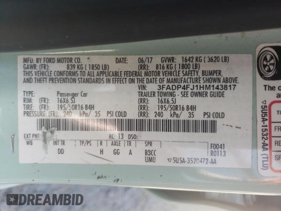 2017 Ford Fiesta Titanium with VIN 3FADP4FJ1HM143817, listed as a Copart auction lot 72231594 with 88,453 mi miles and Salvage Title. Bid and sale history available at DreamBid. Image 14.