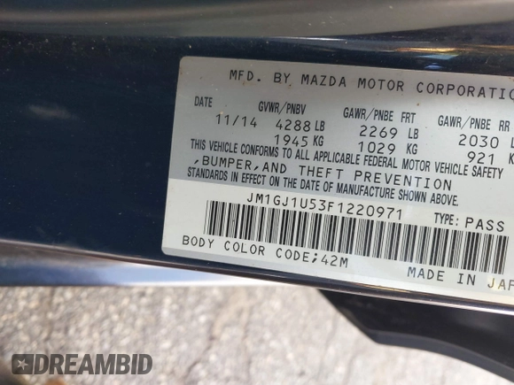 2015 Mazda 6 i Sport with VIN JM1GJ1U53F1220971, listed as a IAAI auction lot 41524727 with 105,436 mi miles. Bid and sale history available at carsss.com. Image 9.