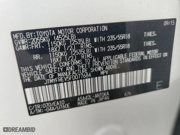 2015 Toyota RAV4 Limited with VIN JTMYFREV5FD077684, listed as a Copart auction lot 42952835 with 188,571 mi miles and Salvage Title. Bid and sale history available at carsss.com. Image 15.