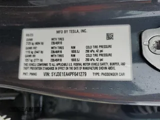 2023 Tesla Model 3 with VIN 5YJ3E1EA4PF641279, listed as a Copart auction lot 46031405 with 35,578 mi miles and Salvage Title. Bid and sale history available at DreamBid. Image 12.
