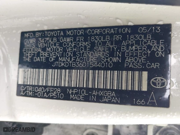 2013 Toyota Prius c One with VIN JTDKDTB36D1544010, listed as a IAAI auction lot 41561964 with 153,572 mi miles. Bid and sale history available at carsss.com. Image 9.