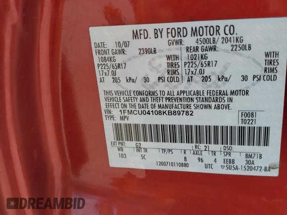 2008 Ford Escape Limited z VIN 1FMCU04108KB89782, wystawiony jako Copart lot #57573715 z przebiegiem Nie podano mil oraz Szkoda całkowita • Salvage title. Historia ofert i sprzedaży dostępna na DreamBid. Obrazek 12.