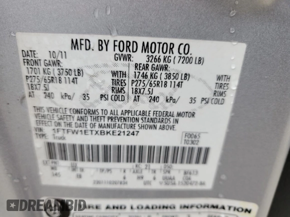 2011 Ford F-150 XLT with VIN 1FTFW1ETXBKE21247, listed as a Copart auction lot 48534295 with 225,915 mi miles and Non Repairable. Bid and sale history available at carsss.com. Image 12.
