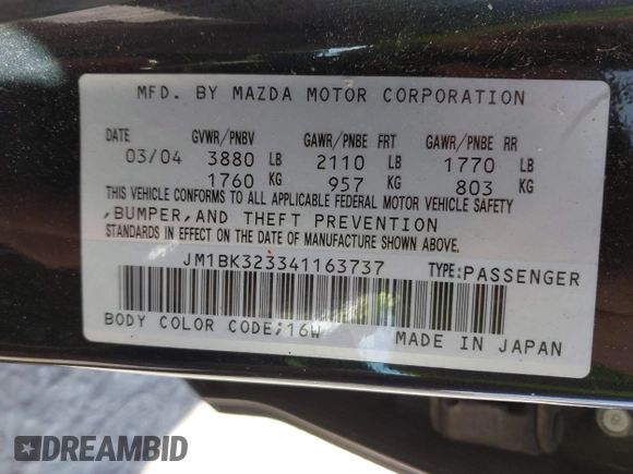 2004 Mazda 3 s with VIN JM1BK323341163737, listed as a IAAI auction lot 41689753 with 201,275 mi miles and . Bid and sale history available at DreamBid. Image 9.