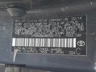 2014 Toyota Prius Four with VIN JTDKN3DUXE0361915, listed as a IAAI auction lot 42785286 with 303,354 mi miles and . Bid and sale history available at DreamBid. Image 9.