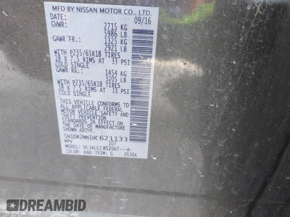2017 Nissan Pathfinder SV z VIN 5N1DR2MN1HC621133, wystawiony jako IAAI lot #41311239 z przebiegiem 107 851 mil mil oraz . Historia ofert i sprzedaży dostępna na DreamBid. Obrazek 9.