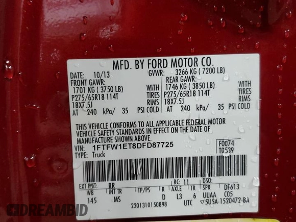 2013 Ford F-150 XL with VIN 1FTFW1ET8DFD87725, listed as a Copart auction lot 45722325 with 155,917 mi miles and Salvage Title. Bid and sale history available at carsss.com. Image 13.