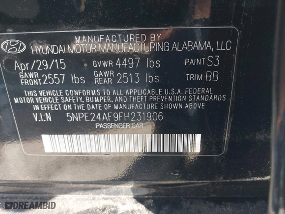 2015 Hyundai Sonata 2.4L SE with VIN 5NPE24AF9FH231906, listed as a IAAI auction lot 41403939 with 1 mi miles. Bid and sale history available at carsss.com. Image 9.