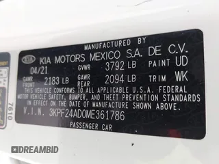 2021 Kia Forte LXS with VIN 3KPF24AD0ME361786, listed as a IAAI auction lot 42427196 with 60,013 mi miles and . Bid and sale history available at DreamBid. Image 9.