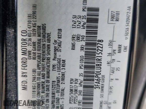 2018 Ford Fusion Hybrid SE with VIN 3FA6P0LU8JR152278, listed as a Copart auction lot 47859725 with 154,020 mi miles and Salvage Title. Bid and sale history available at carsss.com. Image 14.