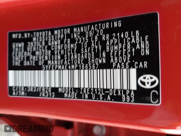 2021 Toyota Corolla LE with VIN 5YFEPMAE4MP166567, listed as a Copart auction lot 52805805 with 81,209 mi miles and Salvage Title. Bid and sale history available at DreamBid. Image 12.