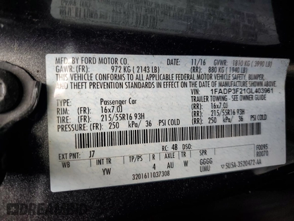 2016 Ford Focus SE with VIN 1FADP3F21GL403961, listed as a Copart auction lot 58027305 with 84,020 mi miles and Salvage title. Bid and sale history available at DreamBid. Image 13.
