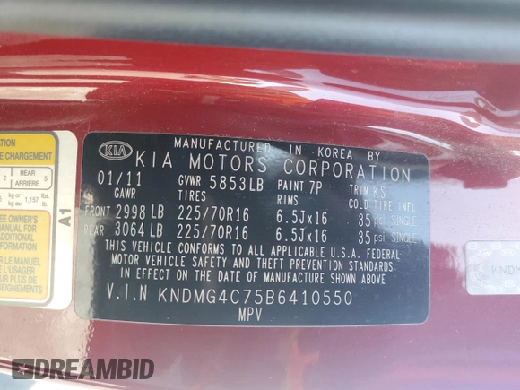 2011 Kia Sedona LX with VIN KNDMG4C75B6410550, listed as a Copart auction lot 76997744 with 74,659 mi miles and Salvage Title. Bid and sale history available at carsss.com. Image 15.