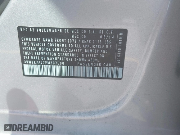 2014 Volkswagen Jetta S с VIN 3VW2K7AJ7EM307590, выставлен на аукционе IAAI как лот 42798925 с пробегом 151 412 миль миль и . История ставок и продаж доступна на DreamBid. Изображение 9.