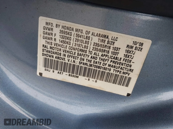2009 Honda Odyssey EX-L with VIN 5FNRL38709B016019, listed as a IAAI auction lot 42087099 with 227,141 mi miles. Bid and sale history available at carsss.com. Image 9.