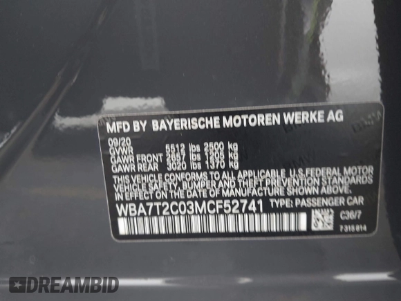 2021 BMW 7 Series 740i with VIN WBA7T2C03MCF52741, listed as a IAAI auction lot 41527846 with 41,448 mi miles and . Bid and sale history available at DreamBid. Image 9.
