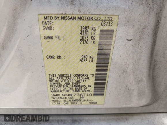 2013 Nissan Altima SL with VIN 1N4BL3AP4DC236710, listed as a IAAI auction lot 42674095 with 212,483 mi miles and . Bid and sale history available at DreamBid. Image 9.