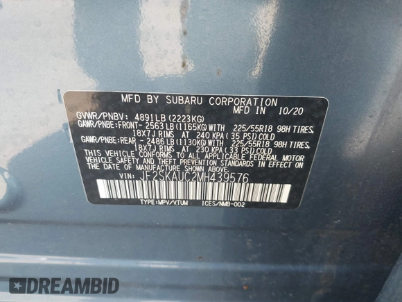 2021 Subaru Forester Limited z VIN JF2SKAUC2MH439576, wystawiony jako IAAI lot #42179846 z przebiegiem 51 312 mil mil oraz . Historia ofert i sprzedaży dostępna na DreamBid. Obrazek 9.