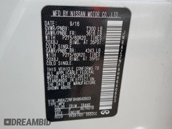2017 Infiniti QX80 with VIN JN8AZ2NF8H9640603, listed as a Copart auction lot 60391994 with 120,152 mi miles and Salvage Title. Bid and sale history available at carsss.com. Image 14.