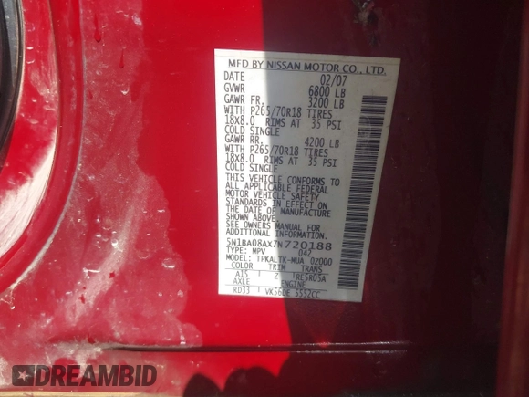 2007 Nissan Armada SE z VIN 5N1BA08AX7N720188, wystawiony jako IAAI lot #42211544 z przebiegiem 252 587 mil mil oraz . Historia ofert i sprzedaży dostępna na DreamBid. Obrazek 9.