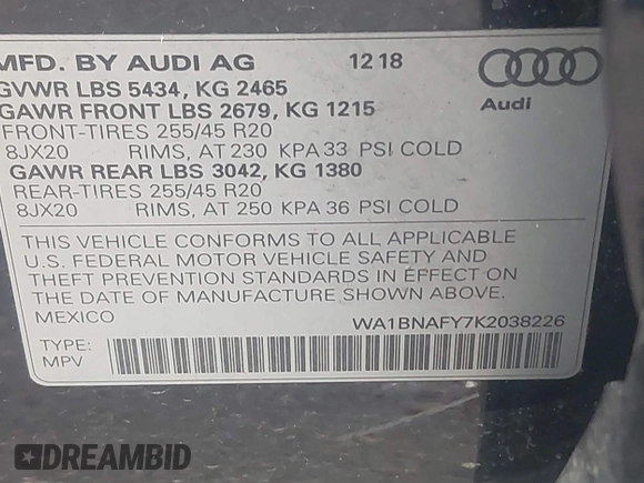 2019 Audi Q5 Premium Plus z VIN WA1BNAFY7K2038226, wystawiony jako IAAI lot #41374252 z przebiegiem 94 054 mil mil oraz . Historia ofert i sprzedaży dostępna na DreamBid. Obrazek 9.