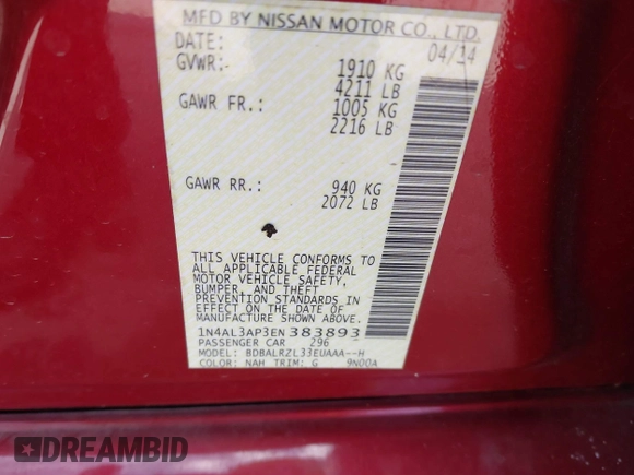 2014 Nissan Altima 2.5 S with VIN 1N4AL3AP3EN383893, listed as a IAAI auction lot 41509853 with 63,481 mi miles. Bid and sale history available at carsss.com. Image 9.