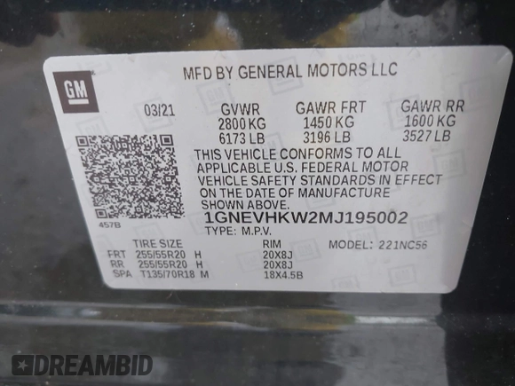 2021 Chevrolet Traverse LT z VIN 1GNEVHKW2MJ195002, wystawiony jako IAAI lot #42314214 z przebiegiem 50 877 mil mil oraz . Historia ofert i sprzedaży dostępna na DreamBid. Obrazek 9.
