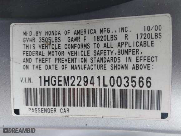 2001 Honda Civic EX with VIN 1HGEM22941L003566, listed as a IAAI auction lot 41554036 with 1 mi miles. Bid and sale history available at carsss.com. Image 9.