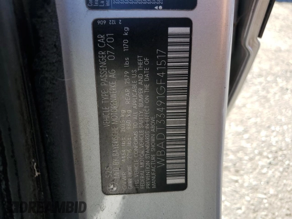 2001 BMW 5 Series 525i with VIN WBADT33491GF41517, listed as a Copart auction lot 72579754 with 0 mi miles and Salvage Title. Bid and sale history available at carsss.com. Image 13.