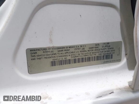 2008 Volkswagen Jetta SE z VIN 3VWRM71K38M176776, wystawiony jako IAAI lot #42244339 z przebiegiem 183 673 mil mil oraz . Historia ofert i sprzedaży dostępna na DreamBid. Obrazek 9.