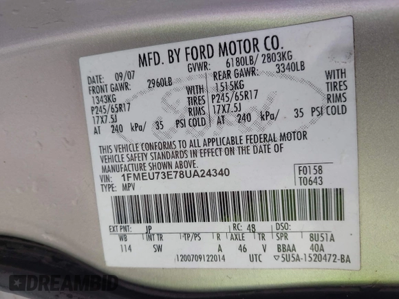 2008 Ford Explorer XLT с VIN 1FMEU73E78UA24340, выставлен на аукционе IAAI как лот 42466524 с пробегом 250 471 миль миль и . История ставок и продаж доступна на DreamBid. Изображение 9.