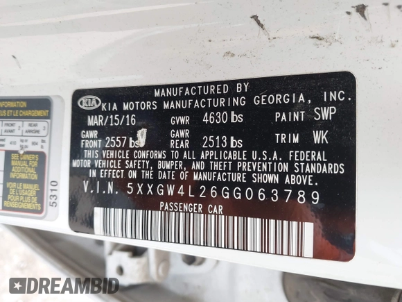 2016 Kia Optima SX Turbo with VIN 5XXGW4L26GG063789, listed as a IAAI auction lot 41513430 with 159,852 mi miles and . Bid and sale history available at carsss.com. Image 9.