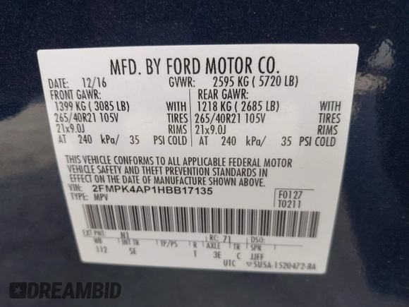 2017 Ford Edge Sport with VIN 2FMPK4AP1HBB17135, listed as a IAAI auction lot 41958589 with 84,616 mi miles. Bid and sale history available at carsss.com. Image 9.