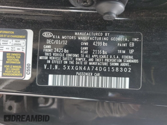 2013 Kia Optima EX with VIN 5XXGN4A74DG158302, listed as a Copart auction lot 47886865 with 188,680 mi miles and Salvage Title. Bid and sale history available at carsss.com. Image 15.