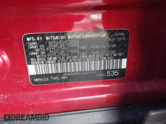 2020 Mitsubishi Eclipse Cross ES with VIN JA4AS3AA0LZ021514, listed as a IAAI auction lot 41457691 with Not provided miles and . Bid and sale history available at DreamBid. Image 9.